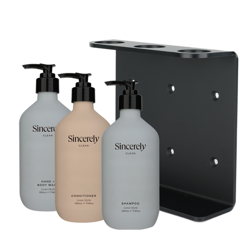 Sincerely Clean 500ml Shampoo, Conditioner and Hand + Body Wash Bundle w/Bracket