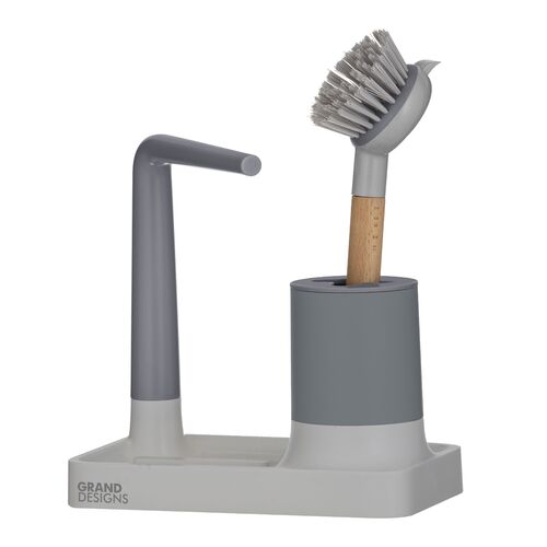 Grand Designs Kitchen Sink Organizer w/ Brush Holder | Grey/Natural