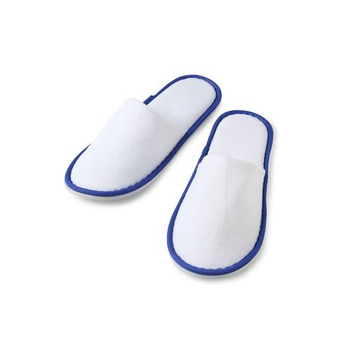 25 X Blue Piping White Velour Closed Toe Hotel Slipper 28cm