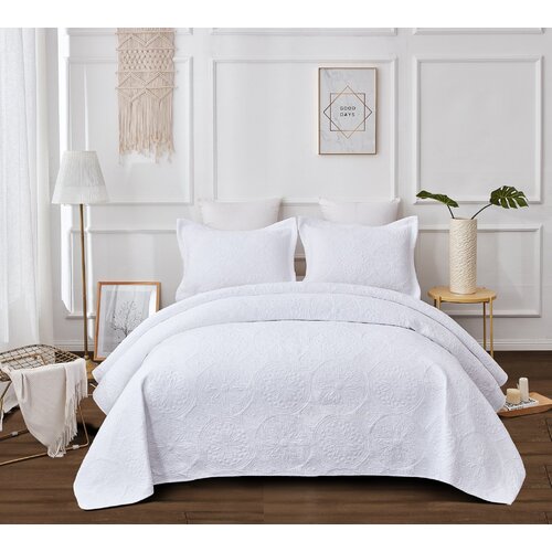 King Embroidered Vivid White Coverlet Set