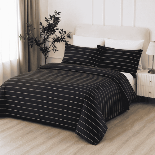 Double Flinders Stripe Charcoal Quilt Cover Set